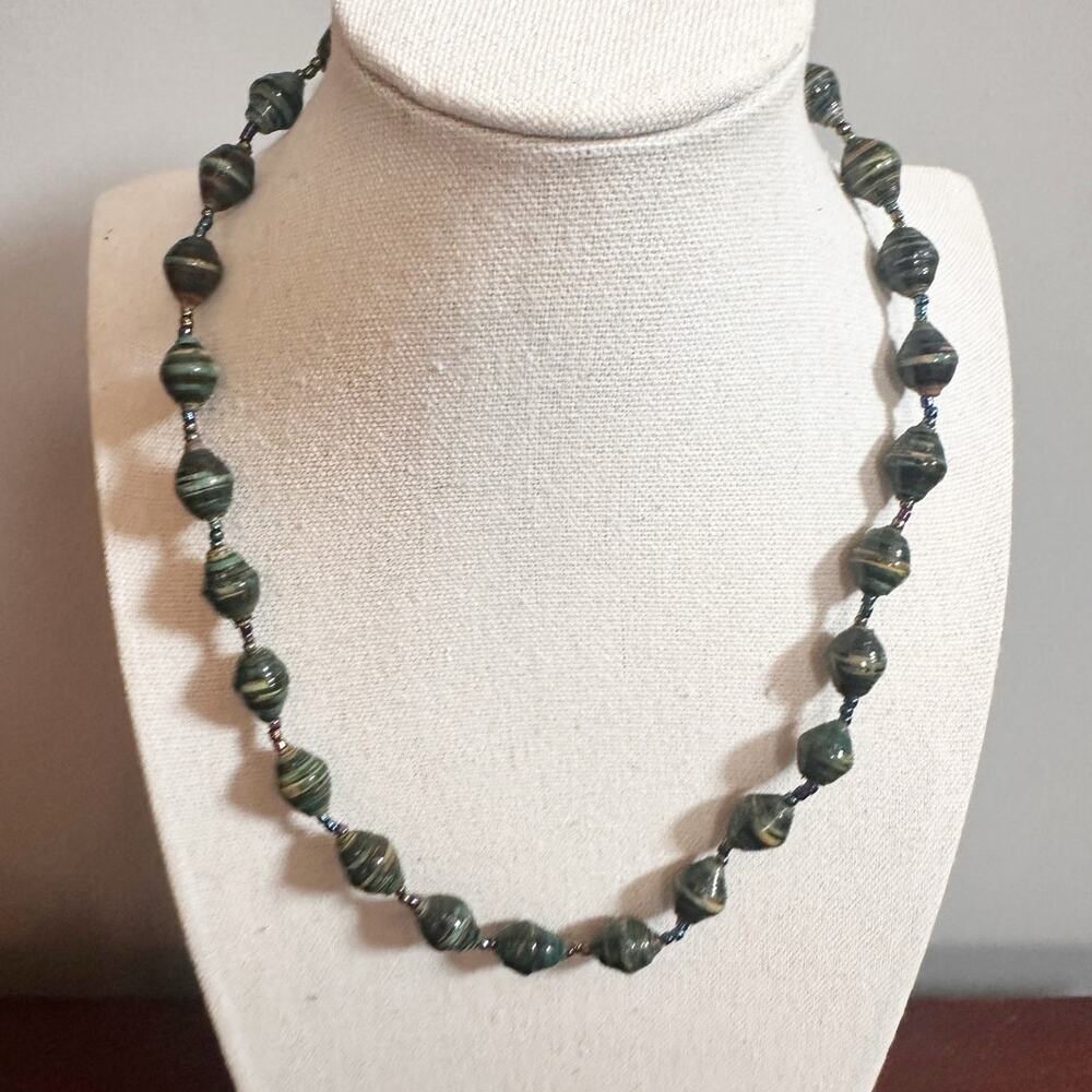 Dark Green Beaded Necklace Paper Beads Long Casual Choker Jewelry